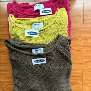 Old Navy hot Pink, brown bright green Crew Neck Sweaters.